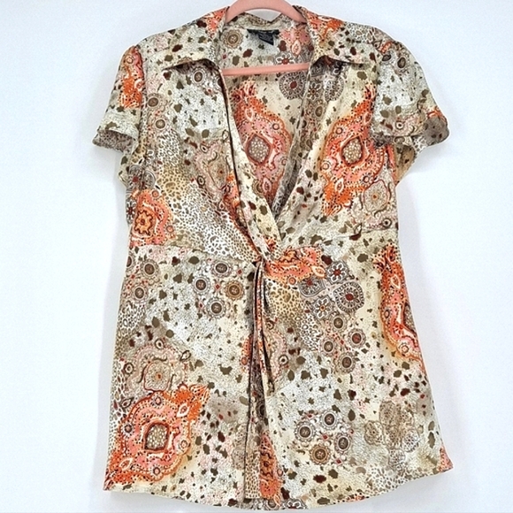 Ivy Chic Twist-Front Silky Blouse in Golden Neutral Tones - Picture 1 of 8